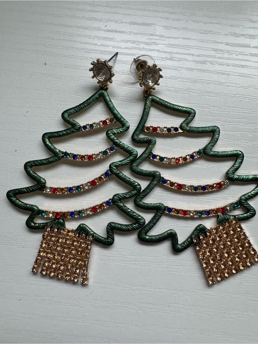 Festive Green Christmas Tree Drop Earrings with Multicolor Rhinestones